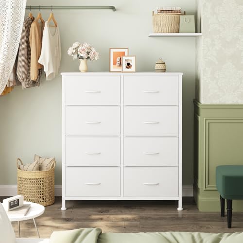Sweetcrispy 8 Drawer Fabric White Dresser for Bedroom, Tall Double Dresser | Chest of Drawers with Sturdy Steel Frame and Wooden Top, Closet Living Room Storage Organizer with Easy Pull Handles - color: White, size: 11.8"D x 30.9"W x 36.4"H (8 Drawers)