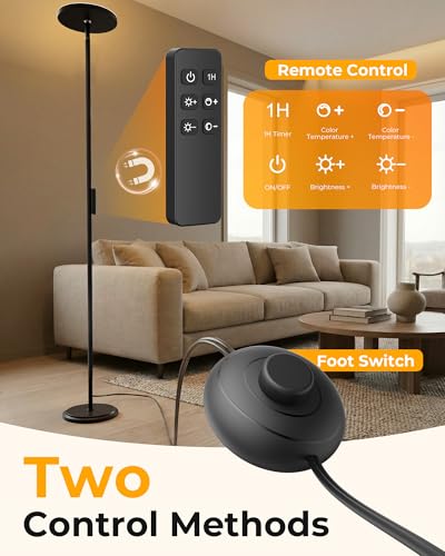 Floor Lamps for Living Room, 69" Tall LED Lamp, 2800LM Standing Lamp Remote & Foot Switch with 1H Timer, 2700-6500K Stepless Dimmable Modern Pole Light for Bedroom, Reading, Black - color: Black