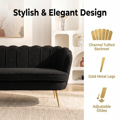 Black Modern Boucle Loveseat Couch with Gold Metal Legs | 2-Seater Upholstered Mini Sofa Couches for Small Space,Living Room Bedroom Office Dorm Studio Apartment Love Seat Couche - color: Black