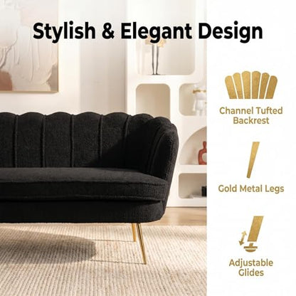 Black Modern Boucle Loveseat Couch with Gold Metal Legs | 2-Seater Upholstered Mini Sofa Couches for Small Space,Living Room Bedroom Office Dorm Studio Apartment Love Seat Couche - color: Black