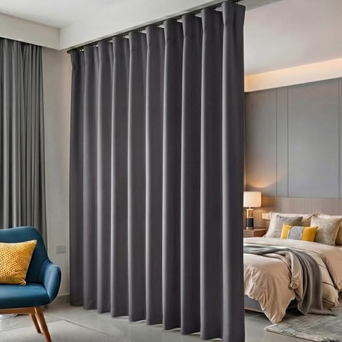 hoeflife Room Divider Curtains Blackout Floor to Ceiling Curtain with Hook Wall Mount Sliding Door Curtains Ceiling Mount Extra Wide Curtain Wall Divider for Room Separation (Grey, W150 x H108 Inch)