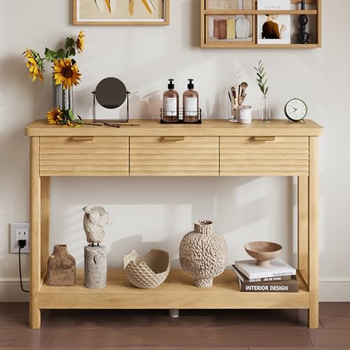 Fluted 47.2" Console Table with Outlets and USB C, Narrow Entryway Table with 3 Drawers, Boho Wood Sofa Table Behind Couch for Living Room, Natural Oak - color: Entryway Table-oak