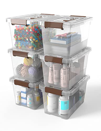 WYT 6-Pack Clear 7 Quart Storage Latch Box/Bins, Plastic Stackable Latching Box with Brown Handle and Lid, Multi-Purpose, 7 Litre - size: 7qt - 6 pack