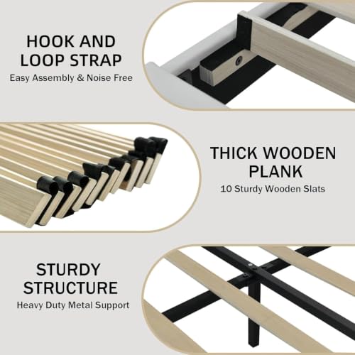 HOMBCK Queen Bed Frame with Headboard, Bed Frame Queen Size with Wooden Slats Support, Diamond Vertical Stripe Design, Mattress Foundation, No Box Spring Needed, White - color: White, size: Queen