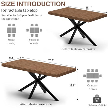 Extendable Dining Room Table for 4 6 8,55"-70" Kitchen Table Leaf,Walnut | Expandable Rectangle Dining Table,Wood Dining Table w/ Hidden Leaf & Storage, Space Saving, Kitchen Dining Living Room,Modern - color: Removable Leaf 55"-71" Walnut
