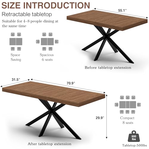 Extendable Dining Room Table for 4 6 8,55"-70" Kitchen Table Leaf,Walnut | Expandable Rectangle Dining Table,Wood Dining Table w/ Hidden Leaf & Storage, Space Saving, Kitchen Dining Living Room,Modern - color: Removable Leaf 55"-71" Walnut