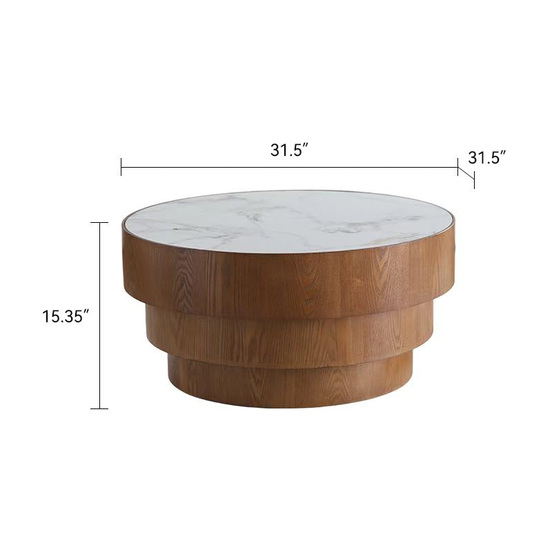31.5" Round White Sintered Stone Coffee Table, Mid-Century Modern Marble Coffee Table with Stable Wood Pedestal Base, Circle Drum Cocktail Center Tea Tables for Living Room Bedroom Apartment - color: White