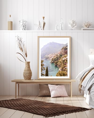 HesenDot 12x16IN Amalfi Coast Framed Wall Art Positano Canvas, 1Pack | Natural OAK Wood Frame with Acrylic Glass, Mediterranean Coastal Bathroom Wall Decor for Living Room, Bedroom and Apartment - color: Framed Italy Natura OAK Art