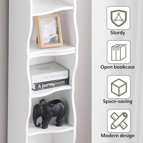 Skinny Tall Bookshelf, 8 Tiers Ultra Slim Bookshelf, Tall Narrow Bookcases, for Living Room, Office, Small Space, Adjustable Shelves, A Wavy Border Design, 11.6'' X 9.3'' X 70.9'' (White) - color: White