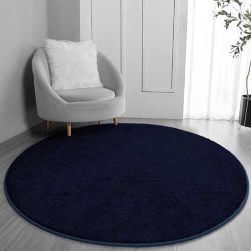 FlyDOIT Round Area Rugs for Bedroom Living Room, 4x4 Navy Blue Super Soft Comfy Thickened Memory-Foam Indoor Circle Carpets, Modern Aesthetic Minimalist Carpet for Boys Girls Adults Nursery Home Décor - color: Navy Blue, size: 4' (Round)