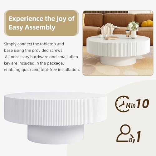 31.5" White Round Coffee Table with 6.8" Thick Tabletop & Sturdy Base, Modern Drum Center Table Circle Accent Side Table for Living Room, Minimalist Fluted Design, White - color: 31.5" Round Style 1, White