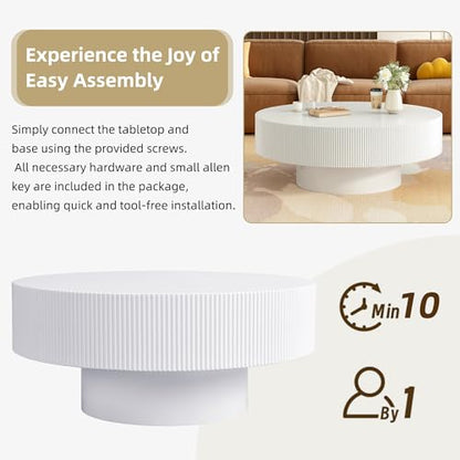 31.5" White Round Coffee Table with 6.8" Thick Tabletop & Sturdy Base, Modern Drum Center Table Circle Accent Side Table for Living Room, Minimalist Fluted Design, White - color: 31.5" Round Style 1, White