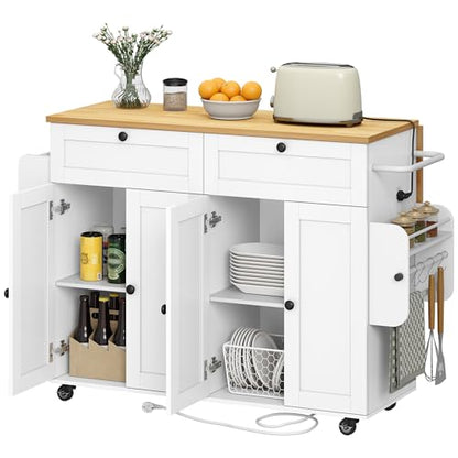 Hzuaneri Kitchen Island with Power Outlet & Drop Leaf, 53.1" Rolling | Kitchen Island Cart on Wheels, Portable Mobile Island Table with Spice Rack Towel Rack, Knife Holder Drawers, White KT00103W