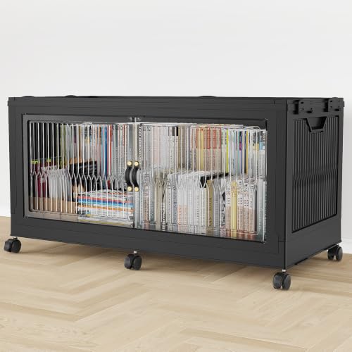BROVIEW 340QT Extra Large Stackable Storage Bins with Lid, 1Pack Black | 85Gal Plastic Collapsible Cabinets Containers, Wheels & PET Doors, Foldable Closet Organizers Drawers for Office, Dorm - color: Black, size: 85Gal-1Pack