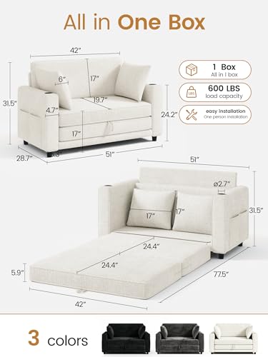 51" Loveseat Convertible Sofa Bed with Cup Holder, Small Couch 2 in 1 Pull Out Sleeper Couch, Floor Folding Couch Sofa with Two Pillows for Living Room, Apartment, Dorm (Beige) - color: Beige