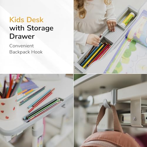 Mount-It! Kids Desk and Chair Set Height Adjustable up to 30" Ergonomic for School - Table and Chairs for Student 26" x 18" Tabletop with Pencil Drawer, 3-10 Age Children, Grey - color: Grey