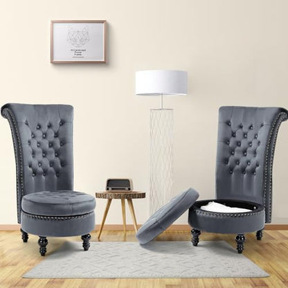 AVAWING High Back Velvet Tufted Throne Chairs with Storage Set of 2, Grey | Tufted Nailhead Design; Hidden Storage; Soft Velvet; Sturdy Wood Legs 330Lbs; High Density Foam; Ergonomic Back - color: Grey