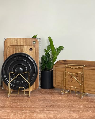 2 Pack Pot Lid Organizer Cutting Board Holder Inside Cabinet 304 Stainless Steel Pot and Pan Organizer Under Cabinet Cookie Sheet Bakeware Serving Tray Cooling Rack Stand Kitchen Countertop Matte Gold - color: 2 Packs Matte Gold