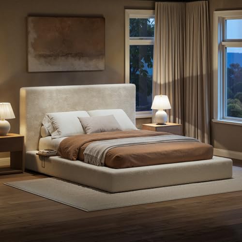 Evermagin White Queen Upholstered Cloud Bed Frame with Headboard | Soft Frame Cloud Bed with 2 Tray Tables, Modern Platform Cushion Bed Frame for Bedroom, No Box Spring Required Easy Assembly - size: Queen
