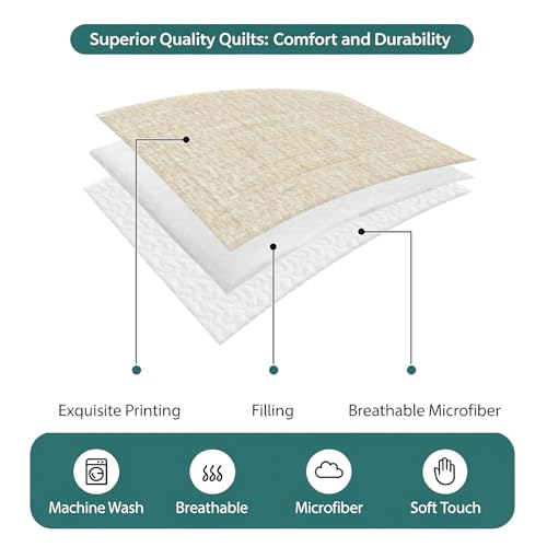 Full Quilt Bedding Set, Minimalist Beige Aesthetic Soft Microfiber Summer Bedspread Coverlet with 2 Pillow Shams for All Season, Retro Linen Textured Breathable Bedding Set for Hot Sleepers - size: Full