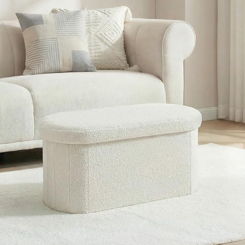 30 Inches Oval Ottoman with Storage, Boucle Sherpa Storage Ottoman Bench, Folding Foot Rest Chest for Bedroom Living Room - color: White, size: 30.1"D x 15"W x 15"H