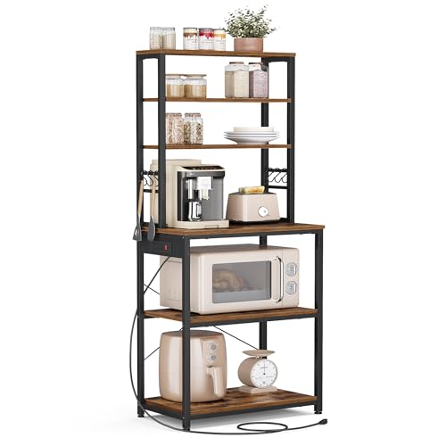 VASAGLE Bakers Rack with Power Outlet, 23.6 Inches Coffee Bar for Kitchen with Storage, 6-Tier Kitchen Shelves with 6 Hooks, Microwave Stand, Industrial, Rustic Brown and Ink Black UKKS124K03 - color: Rustic Brown + Ink Black, size: 23.6"W, style: With Po