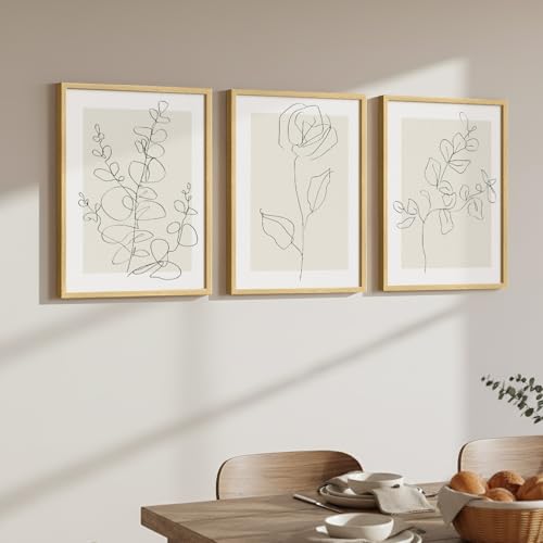 Framed Floral Art Bedroom Wall Art, 3 Piece Neutral Botanical Line Artwork for Walls, Minimalist Flower Leaf Picture Prints, Beige Botanical Painting for Living Room Kitchen Hallway Office, 12x16 Inch - color: Beige and White
