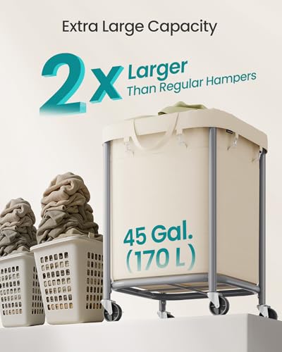 SONGMICS Laundry Basket, Rolling Steel Frame with 2 Locking Wheels, 170 L | Heavy-Duty Laundry Hamper Cart with Removable Bag, Cream White and Metallic Silver, URLS015WD01 - color: Dove Gray + Cream White, size: 140 L (2-Section)