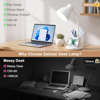10W Wireless Charging LED Desk Lamp with Pen Holder, CRI 95, White | 800LM, 3 Modes, 360°Flexible Arm, Touch, Brightness, Table Lamp for Home Office, Dorm, Bedside, Study, Reading, with Adapter - color: White