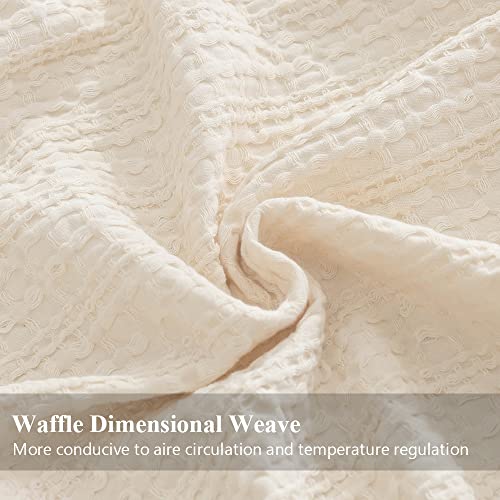 Simple&Opulence 100% Cotton Throw Blanket for Couch, Bed, Waffle Weave Cable Knit Blanket with Tassels, Soft Lightweight Pre-Washed Breathable Cozy Blanket Farmhouse Decoration for All-Season (White) - color: White