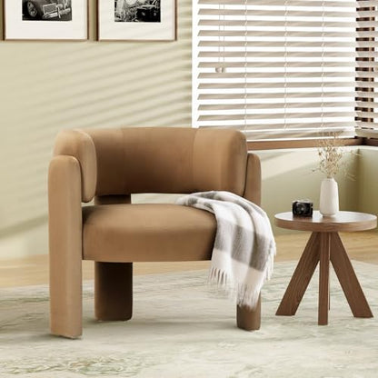 COLAMY Modern Velvet Accent Chair, Upholstered Barrel Chair, Comfy Side Arm Chair with 3 Legs for Living Room, Bedroom, Reading, Khaki - color: New-khaki, size: Set of 1
