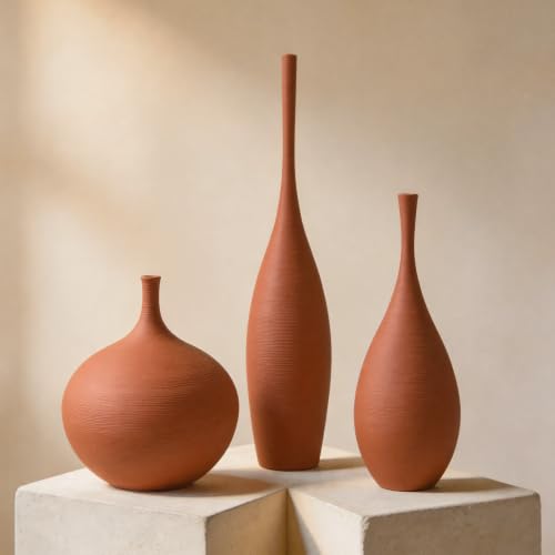 Ceramic Vases Set of 3, Modern Boho Vases for Centerpiece Decor, Matte Terracotta Brown Minimalist Decorative Vases for Home Decor, Living Room, Bookshelf, and Entryway Table Decor - color: Terracotta Brown
