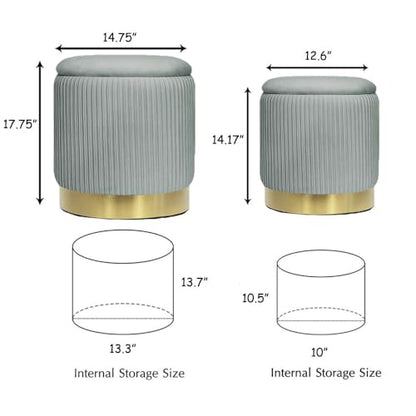 Round Ottoman with Storage Set of 2 Light Grey Velvet Vanity Stool | Upholstered,Small Ottoman Coffee Table, Removable Lid,Foot Stool for Living Room,Bedroom,Assembly Free,Gold and Light Grey - color: Light Grey