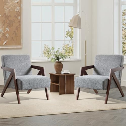 Bonzy Home Mid-Century Modern Accent Chair Set of 2 with Wood Frame, Upholstered Armchair for Bedroom & Living Room, Linen Fabric Cushion, Z-Shaped Armrest Design, Sturdy Lounge Chair - color: Light Gray, size: 2PCS