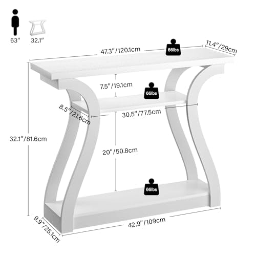 47" Narrow Console Table, Entry Table with Curved Legs, Sofa Table | Wood Console Table 3-tier Shelf Modern Accent Sofa Table for Entrance Area, Living room, Hallway (White) - color: White