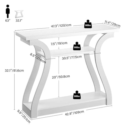 47" Narrow Console Table, Entry Table with Curved Legs, Sofa Table | Wood Console Table 3-tier Shelf Modern Accent Sofa Table for Entrance Area, Living room, Hallway (White) - color: White