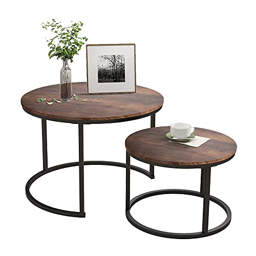 HOJINLINERO Round Coffee Table,Nesting Coffee Table Set of 2,Rustic Brown | Center Table for Living Room,Small Apartment,Small Space,Stacking Side Tables,Wood Tabletop,Sturdy and Easy Assembly,Large - color: Brown, size: Large