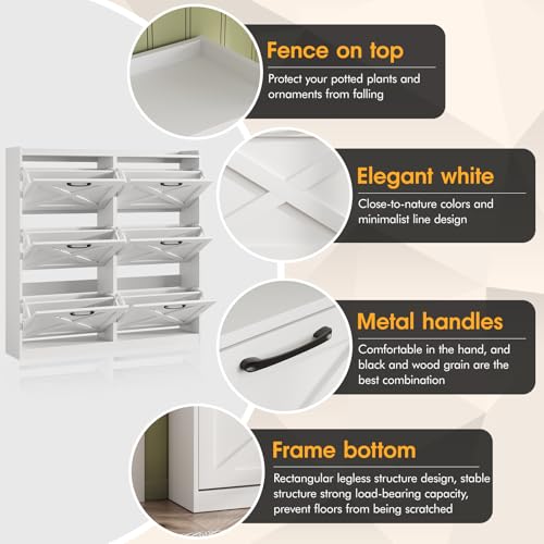Maupvit Large Shoe Storage Cabinet with 6 Flip Drawers, Freestanding Shoe Organizer with Metal Handles for Entryway, Narrow Shoe Rack Cabinet, White - color: White, style: 6-Drawers
