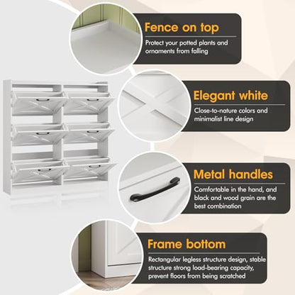 Maupvit Large Shoe Storage Cabinet with 6 Flip Drawers, Freestanding Shoe Organizer with Metal Handles for Entryway, Narrow Shoe Rack Cabinet, White - color: White, style: 6-Drawers