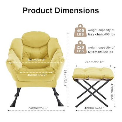 Lazy Chair with Ottoman, Modern Accent Lounge Chair with Side Pocket and Armrests, Cozy Reading Armchair with Footrest, Upholstered Sofa Chair for Small Spaces, Bedroom Living Room, Yellow - color: Yellow