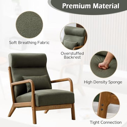 Mid Century Modern Accent Chair with High Back, Upholstered Living Room Chairs with Waist Cushion, Wood Frame Reading Armchair for Bedroom Sunroom, Green - color: Blackish Green