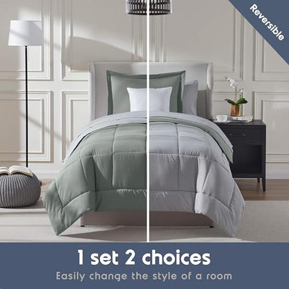 Nestl 5 Piece Twin Comforter Set – Sage Green Reversible Bed in a Bag – Complete Twin Size Bedding Set with Sheets, Pillowcase and Sham - color: Sage Green, size: Twin