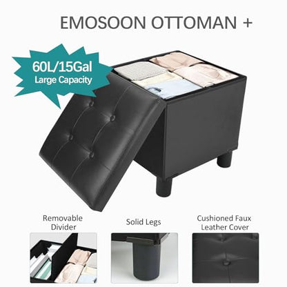 18 Inches Cube Storage Ottoman, Faux Leather Collapsible Square Folding Ottoman Furniture with Storage for Living Room Bedroom, Foot Rest Foot Stool with Legs, Black 18x18x18 Inches - color: Black