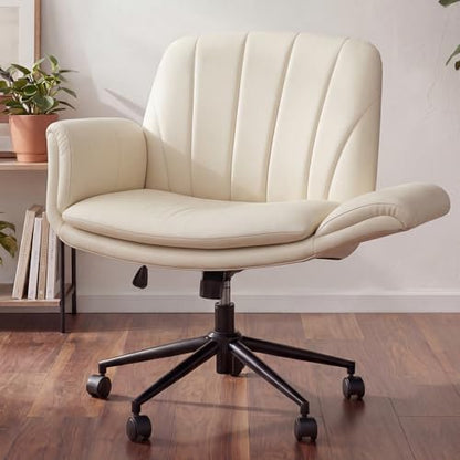 Dowinx Criss Cross Chair with Five-Level Adjustable Arms and Wheels - Comfortable Ergonomic PU Leather Swivel Vanity Chair - Computer Makeup Gaming Chair for Home Office, Bedroom, Vanity Room (Khaki) - color: Light Khaki