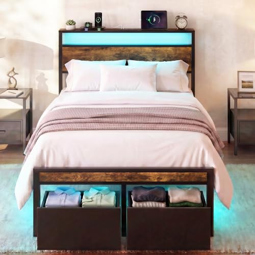 Twin Bed Frame with 2 Drawers and Storage Headboard, Metal Platform with LED Lights and Charging Station, No Box Spring Needed, Noise Free, Easy Assembly