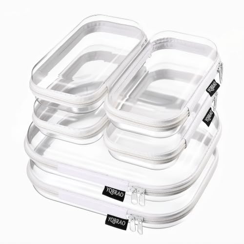 YQBRAO Clear Hard Shell Zipper Cases, 6 Travel Organizers, 2M 4S, White | Rigid clear shells in two practical sizes separate toiletries, skincare, cosmetics, chargers and frequently used accessories - color: White, size: 6 Pack (2M+4S)