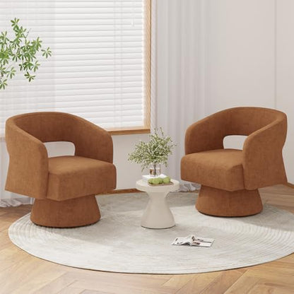 Luxanimarion Swivel Barrel Accent Chair,Oversized Chenille Upholstered Round Swivel Chair,Modern Luxury 360 Degree Living Room Vanity Chair for Bedroom Office,Khaki,2PCS - color: Brown-chenille, size: Set of 2