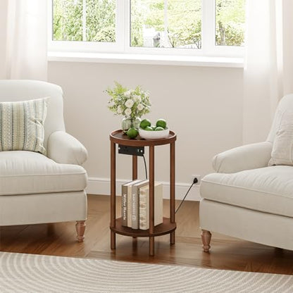 HOOBRO Small Round Side Table with Charging Station, 2-Tier Round Bamboo End Table, Compact Sofa Bedside Table for Small Space, Easy Assembly, for Living Room, Bedroom, Apartment, Mocha MA156UBZ01 - color: Mocha