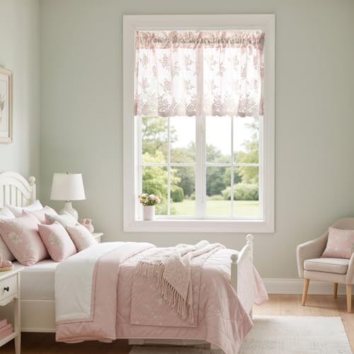 Kotile Blush Pink Sheer Valance Curtain for Windows W52 x L18 Inch 1 Panel | Rod Pocket, Textured Lace Gives Depth, Filters Light, Vintage Floral, Feminine Cottage Mood, Short Drop Balance, Privacy - color: Blush Pink