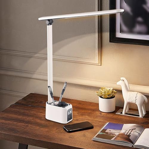 Rotatable Desk Lamp with Pen Holder 5 Color Temperatures Foldable Dimming Reading Lamp USB Charging Port Digital Display for Home Office Reading Studying Working (T221012U) - color: White